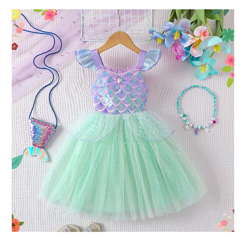 Costume da spettacolo con paillettes Abiti da principessa per ragazza Gonna a rete con fionda Abito da ragazza di compleanno Abiti da ragazza per feste a tema sirena