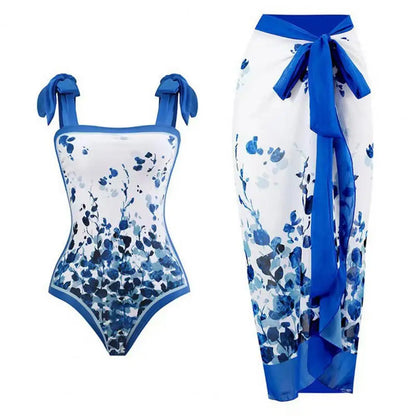 2 pezzi/set costume monokini da donna stampa vintage costume intero con cravatta al collo quadrato con gonna costume da bagno da donna con copertura da spiaggia