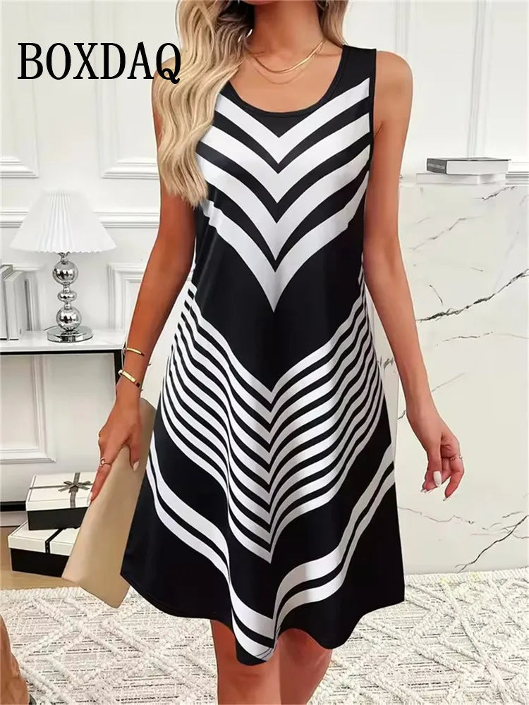 Abiti con stampa a righe Abiti estivi eleganti da donna Moda Abito a trapezio senza maniche allentato 2025 Vestito estivo Abito casual taglie forti