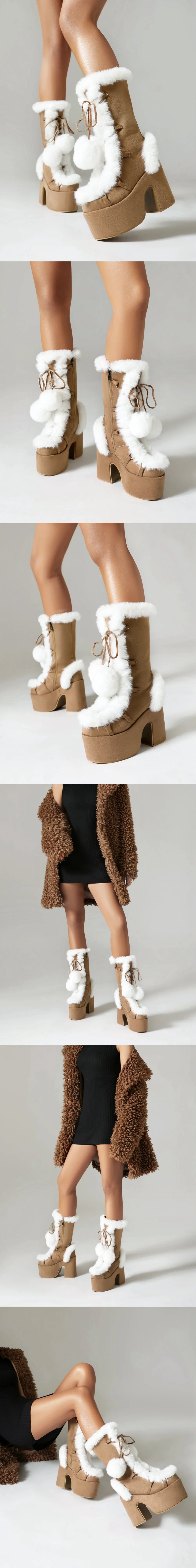 Big Size 46 Winter y2k Pink Knee High Boots Women White Chunky Platform Boots Gothic Black Faux Fur Block High Heels Boots Shoe