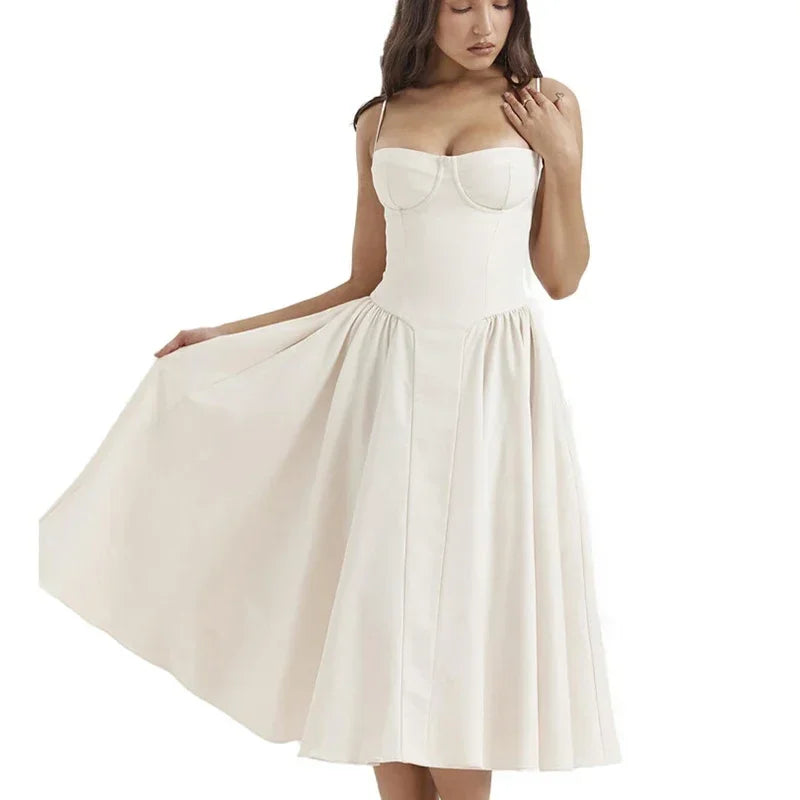Elegante abito longuette con cinturino per spaghetti da donna Party Slim A Line Solid Bretelle Abiti da donna Nuova moda primavera estate Abiti sexy