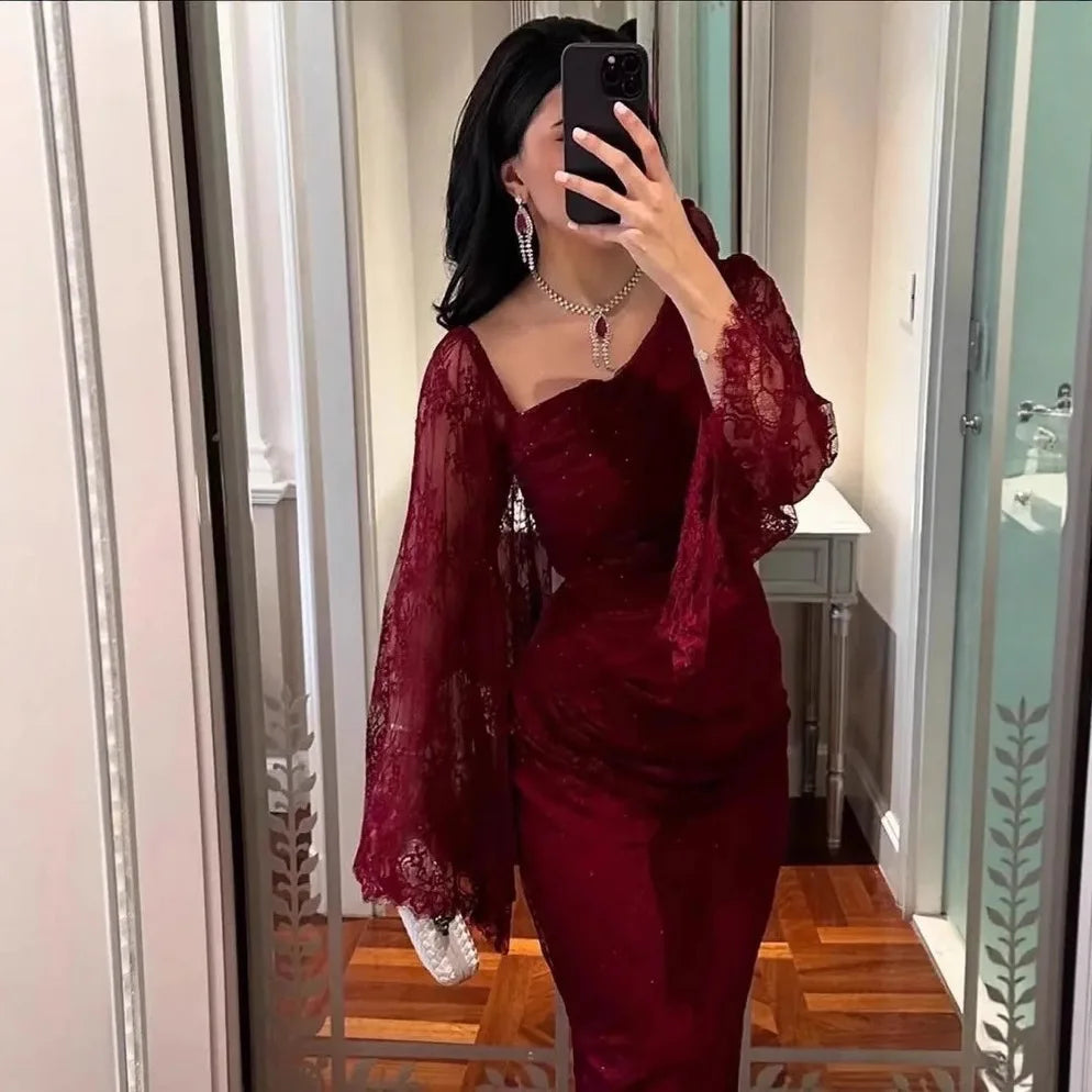 Abito da cerimonia da donna rosso vino tinta unita elegante casual alla moda sottile in pizzo alla caviglia primavera americana europea nuova moda