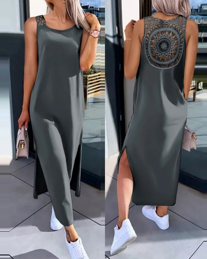 Abiti da donna 2024 Moda estiva con spacco scavato Casual tinta unita girocollo senza maniche abito dritto quotidiano a metà polpaccio