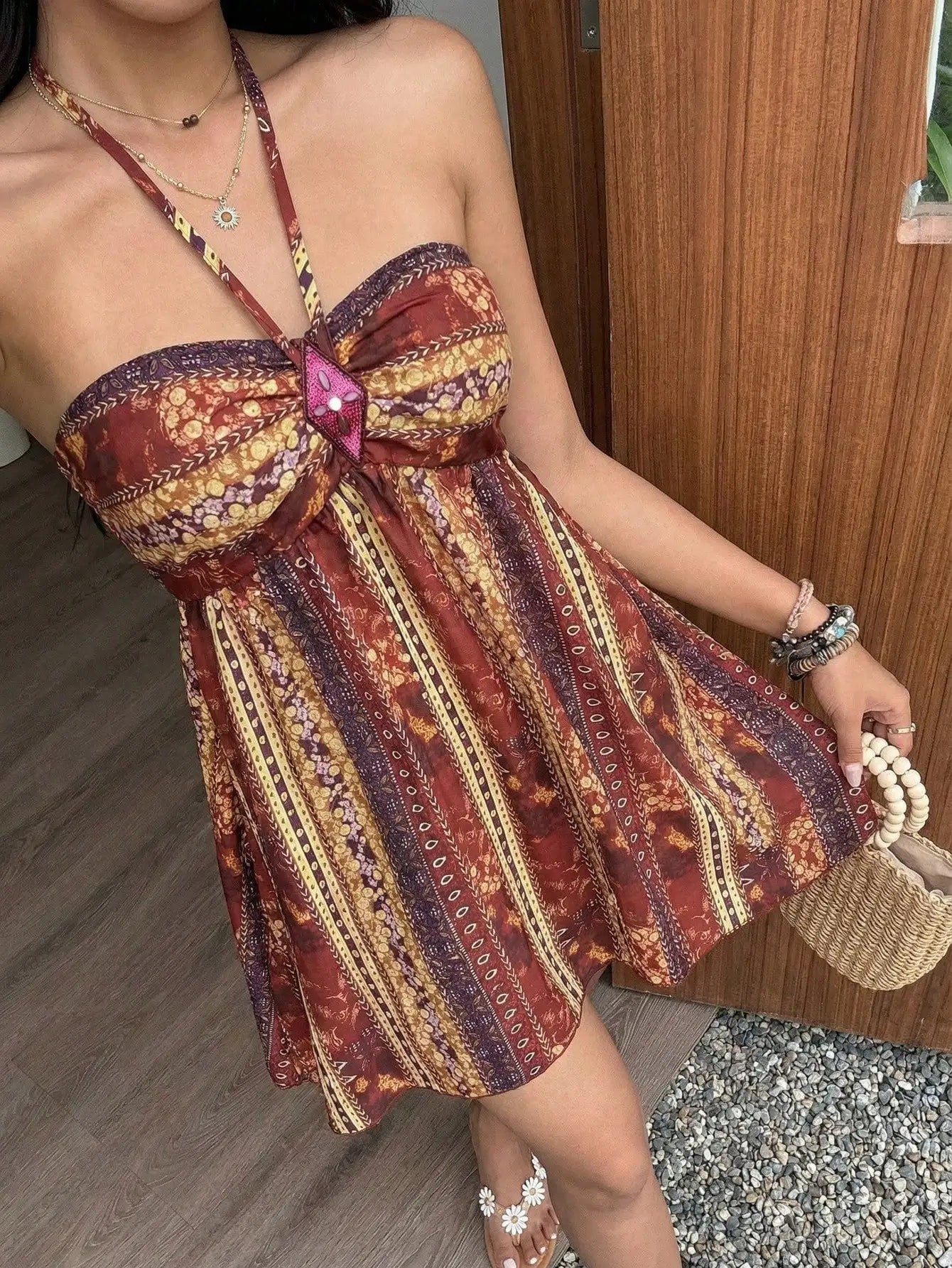 Mini abito bohémien retrò con stampa paisley e paillettes a rombi per donna primavera estate