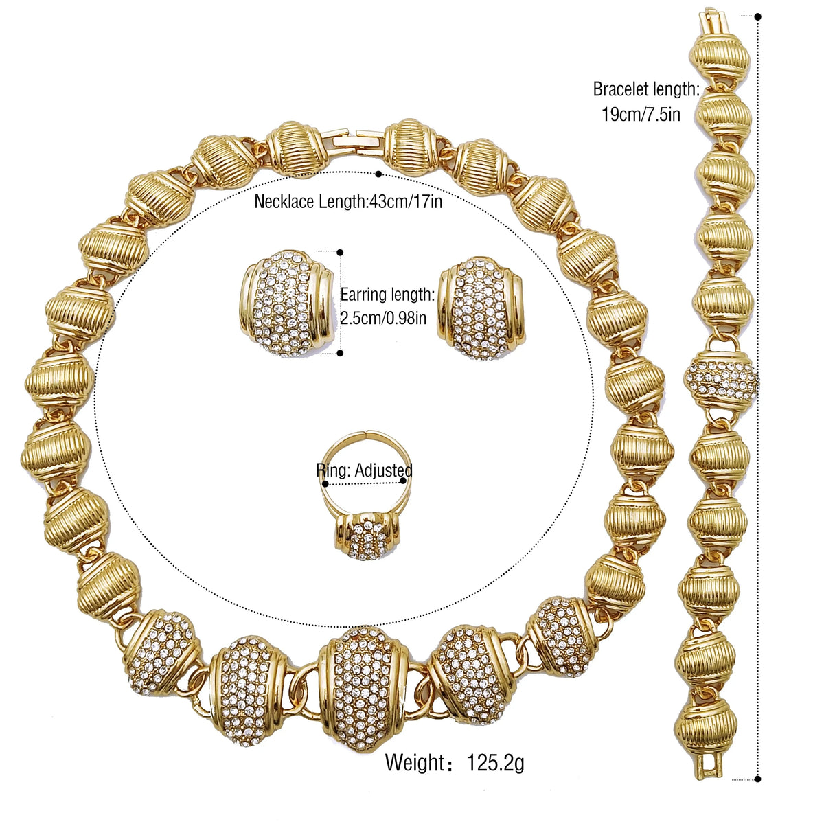 Parure de bijoux arabes pour femmes de haute qualité, plaqué or 18 carats, collier rond, boucles d'oreilles, bracelet et bague, cadeau de fête de mariage