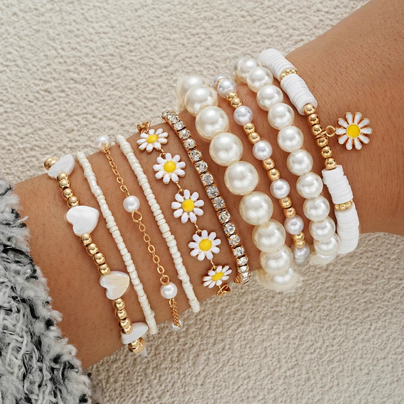 8 pezzi set di braccialetti con ciondolo fiore margherita vintage per le donne braccialetti di perle di cuore di stella di smalto con perline di Boemia regali di gioielli alla moda