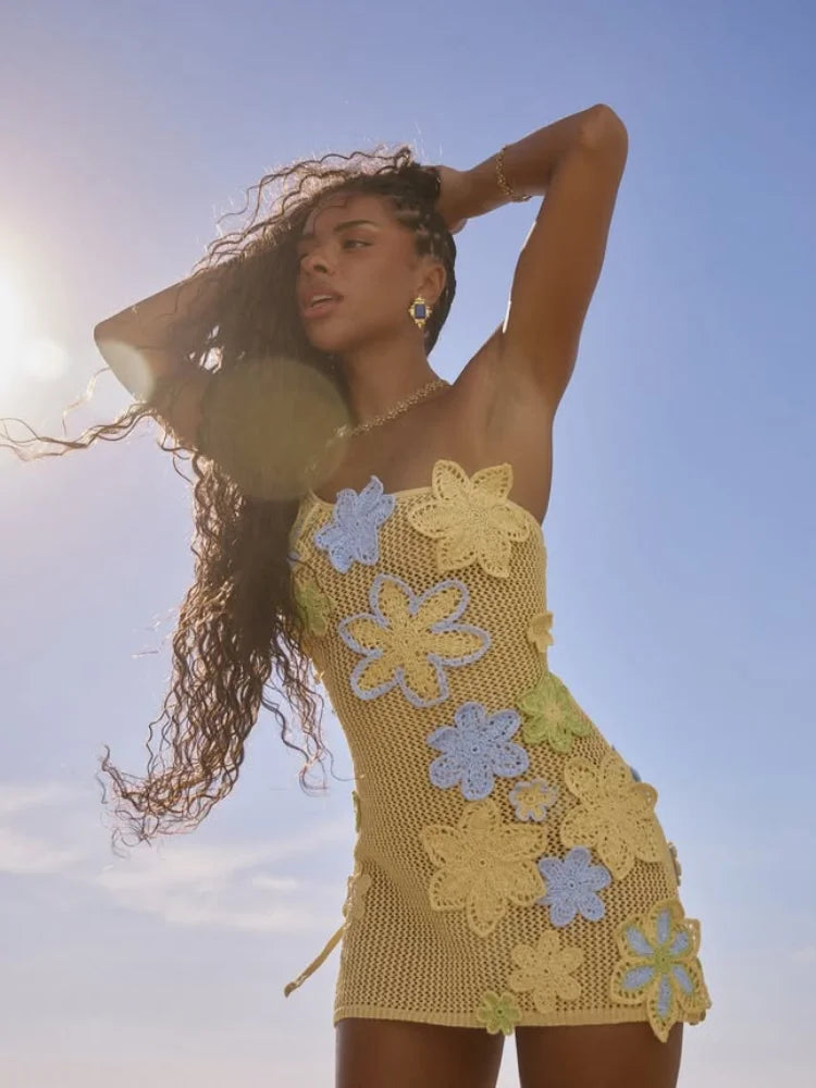Set di gonne superiori con corsetto da spiaggia lavorato a maglia Set di gonne divise con reggiseno senza maniche con scollo all'americana 3D senza schienale Abiti da donna 2 pezzi Abiti primaverili
