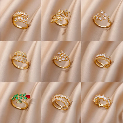Anelli a foglia a doppio strato con zirconi di lusso per le donne Anello in acciaio inossidabile color oro Boho Coppia gioielli Accessori anelli mujer