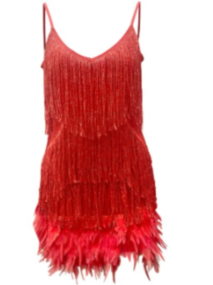 Abito estivo elegante con nappe e paillettes Abito da donna sexy sottile senza maniche con scollo a V a vita alta con bretelle e cuciture in piume