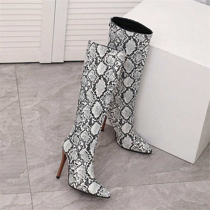 2025 White Snake Print Leather Knee High Boots Thin Heel Zipper Sexy Party Shoe Pointy Toe Thigh High Woman Long Boot Size 34-43