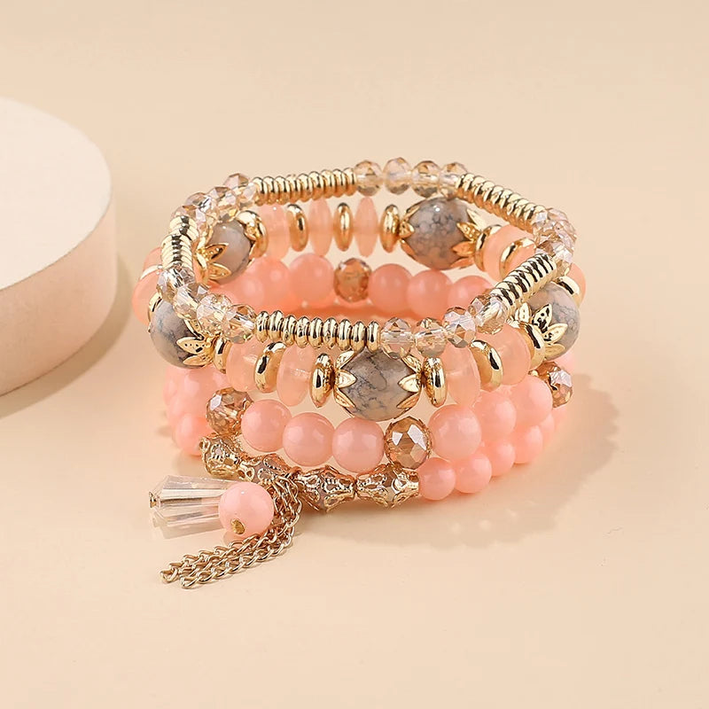4 pezzi nuovo set di braccialetti con perline con ciondoli e nappe per donna, bracciale a catena con perline di vetro colorato, gioielli bohémien da uomo