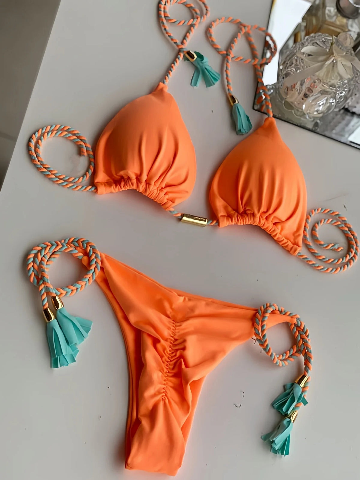2025 Sexy einfarbiger Zweiteiler Triangel-Badeanzug Damen Bademode Flechtseil Bikini-Set Strand Badeanzug Brasilianische Biquinis