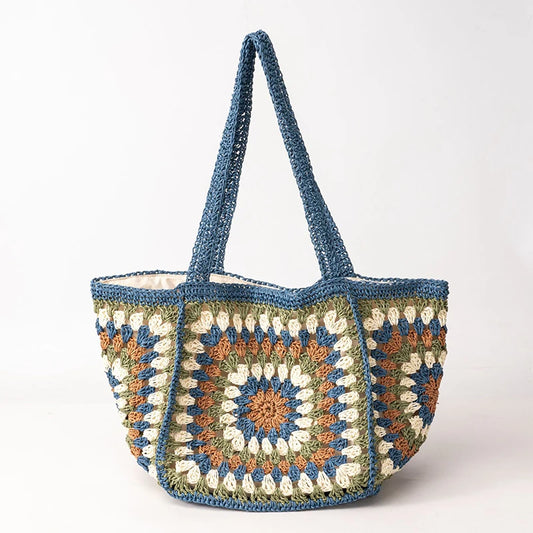 Borsa estiva intrecciata a mano Borsa con motivo abbinato ai colori Fodera in tela Tote di grande capacità Borsa da spiaggia per vacanze al mare Borsa da donna