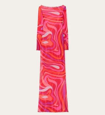 Abito lungo aderente aderente in rete trasparente da donna sexy Stampa chic senza maniche Slim Fit Abiti lunghi per le vacanze al mare Abito femminile quotidiano casual