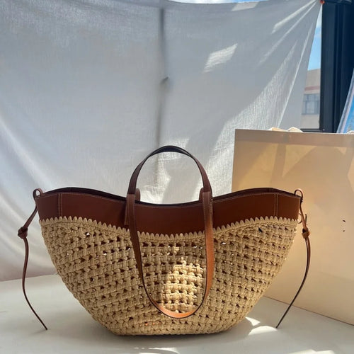 Borsa da donna in paglia intrecciata 2in1 Borsa da ascella in paglia con tracolla regolabile Borsa a tracolla per gnocchi di grande capacità per borsa a secchiello da spiaggia estiva