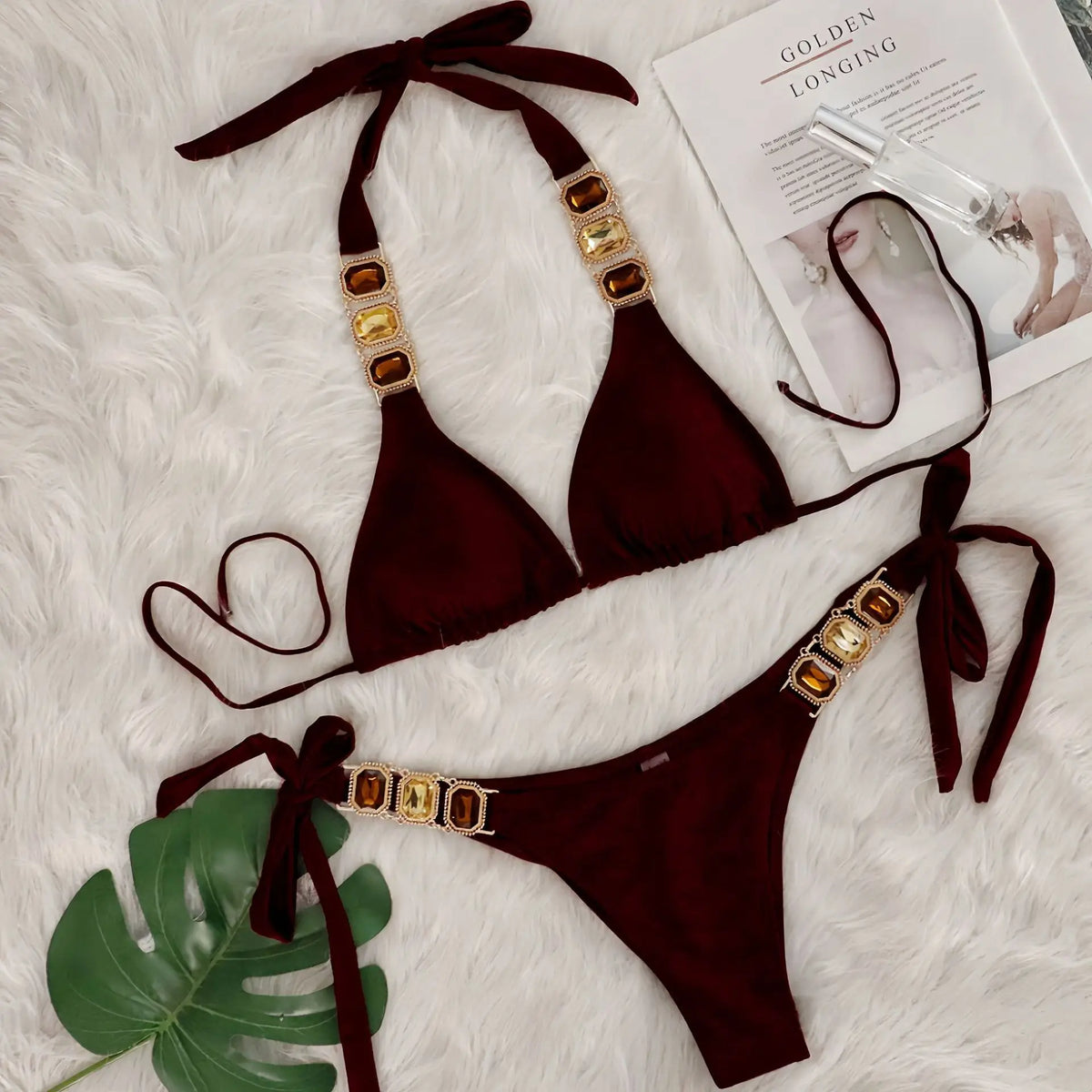 2025 Costume da bagno da donna in 2 pezzi con stringhe di strass e bikini sexy da spiaggia