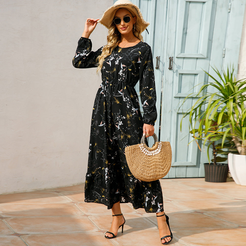 Maxi abiti da donna Sping autunno bohémien Casual manica intera vita alta spiaggia donna abiti in Chiffon abito lungo floreale vestido