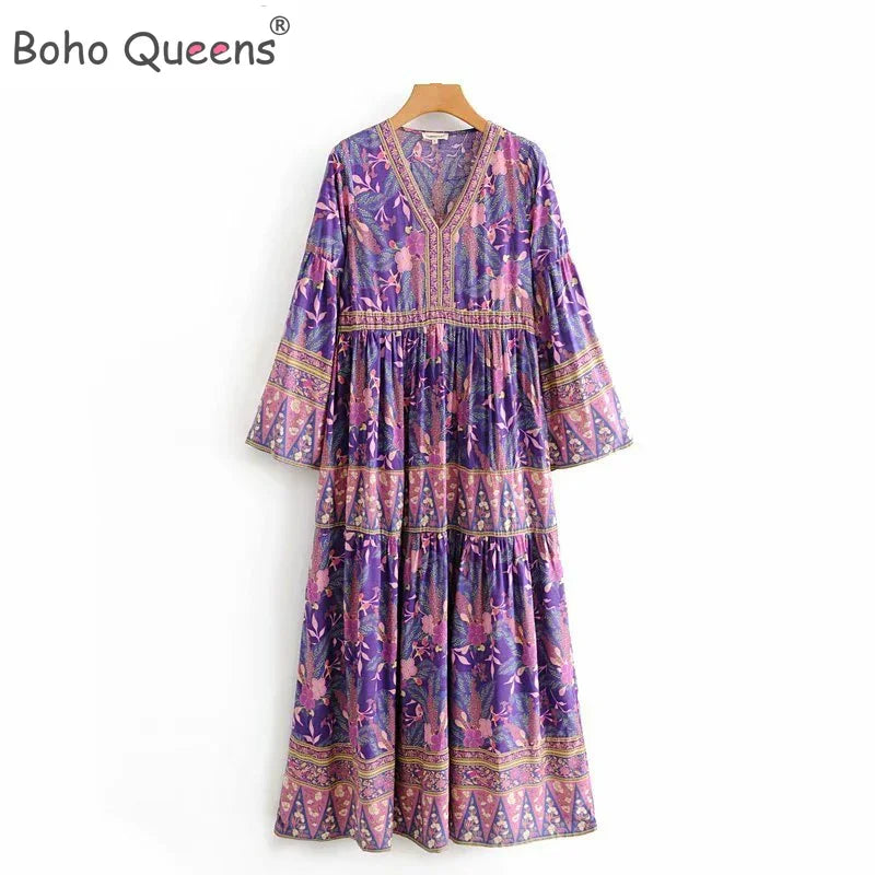 Boho Queens Donna Viola Stampa floreale Scollo a V Rayon Beach Bohemian Happie Dress Ladies Nappa Lace-up Abiti maxi estivi