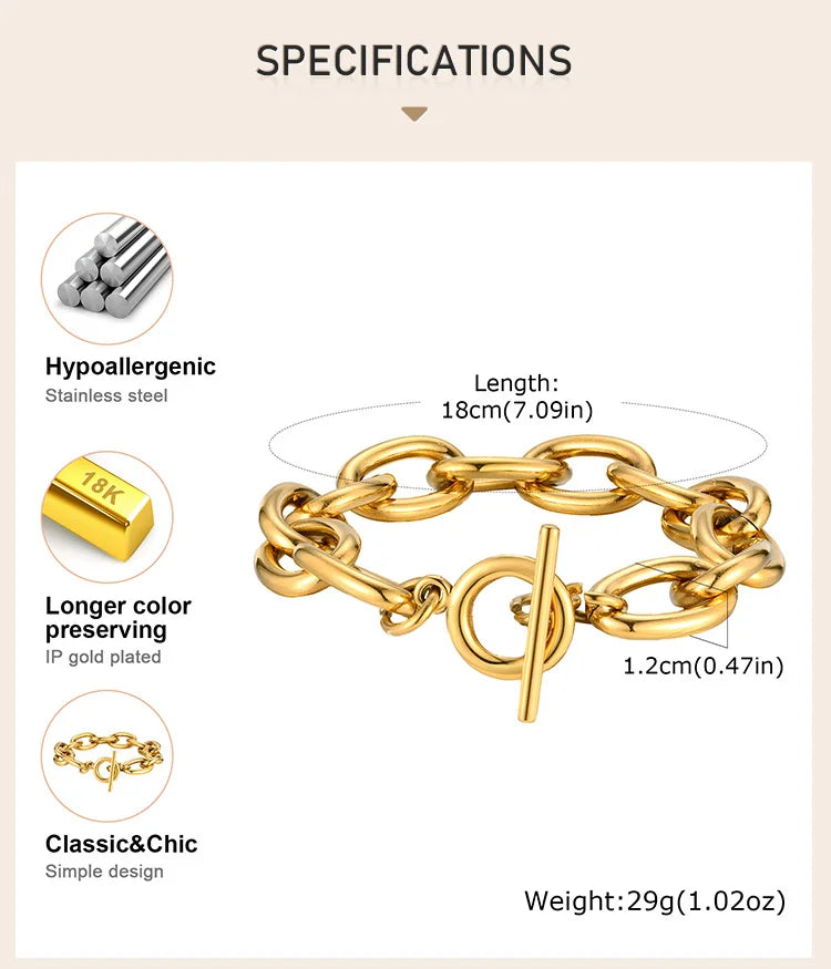 Braccialetti a ginocchiera robusti e audace da donna, bracciale a catena a maglie con fibbia OT in acciaio inossidabile placcato oro senza appannamento