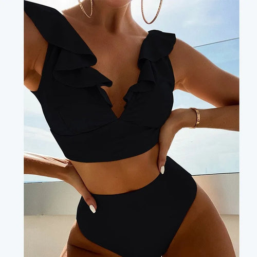 Damen-High-Waist-Bikini-Sets, V-Ausschnitt, Rüschen, zweiteilige Badeanzüge, Push-Up-Badeanzüge