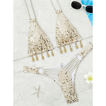 Paillettes lucide Halter Bikini Costume da bagno femminile Costumi da bagno donna Bikini a due pezzi Costume da bagno brasiliano imbottito Costume da bagno Swim V7619