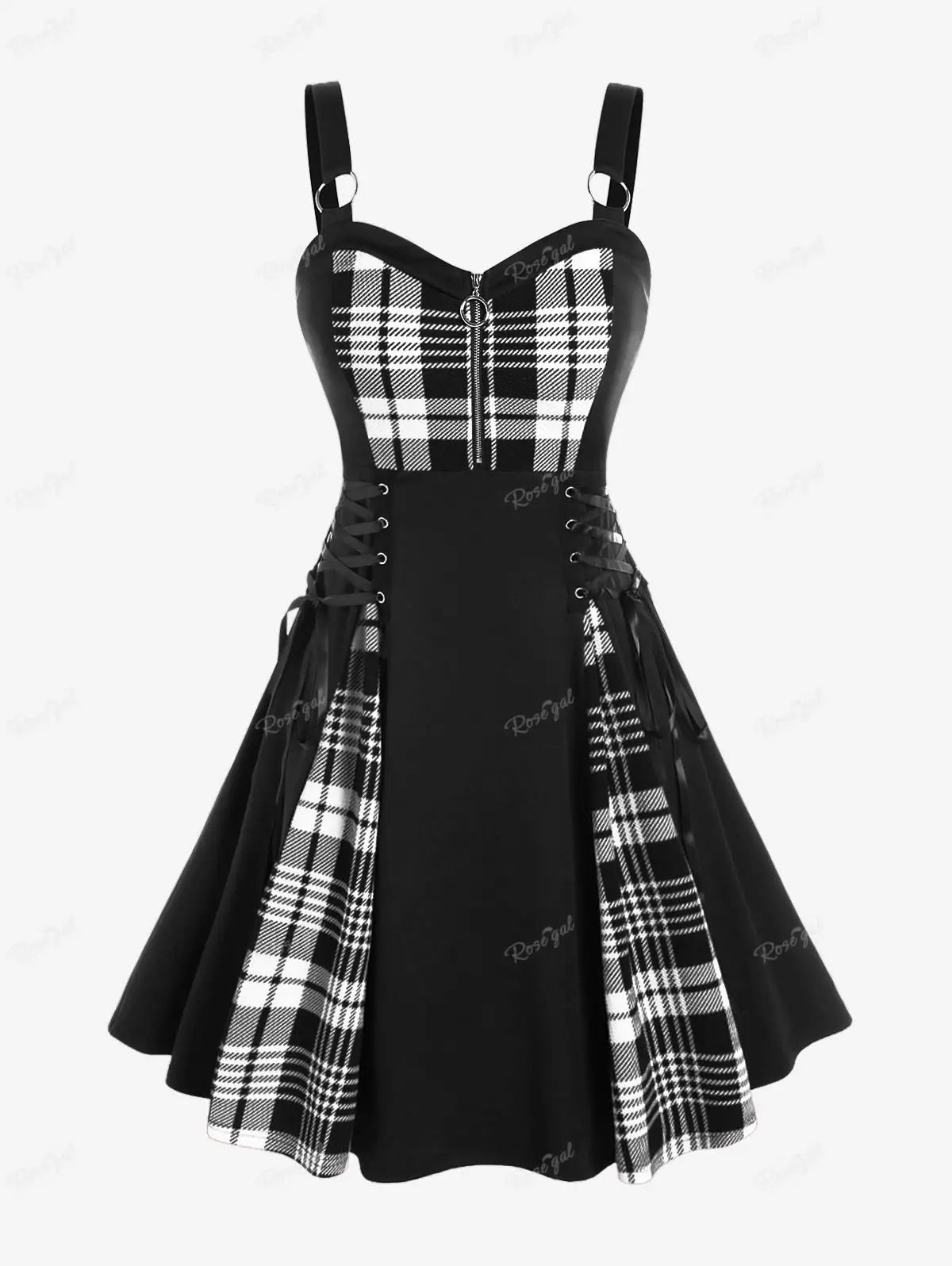 Abito casual da donna taglie forti, modello svasato con lacci, stampa a quadri colorblock, mezza cerniera e patchwork