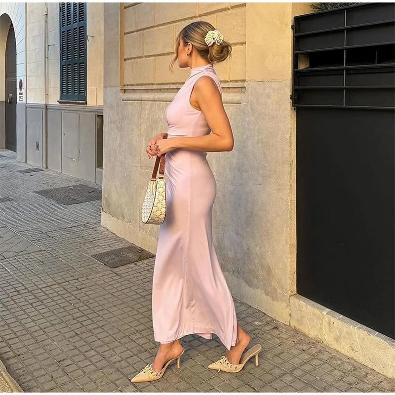 Abito da donna solido pieghettato O collo Slim Hip Package abiti lunghi da donna 2024 moda senza maniche Summer Evening Party abito femminile