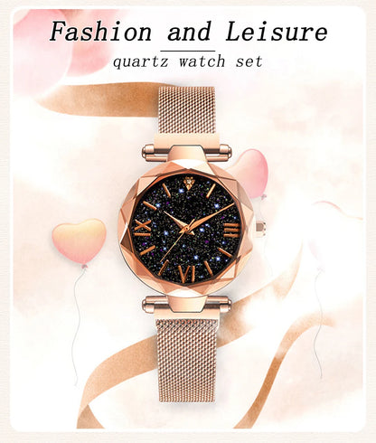 Orologi da donna con cielo stellato alla moda, fibbia magnetica, cintura in rete, orologio al quarzo con diamanti, orologio da donna
