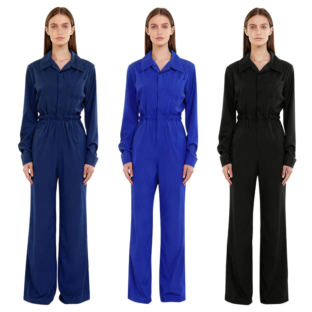 Tuta da lavoro da donna Tuta con bottoni alla moda Colletto rovesciato casual Pagliaccetto a maniche lunghe Design elegante con bottoni sul davanti