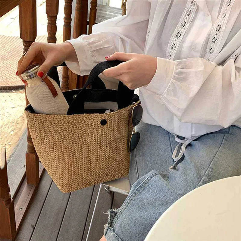Borsa a tracolla a tracolla in paglia da spiaggia borsa a tracolla a secchiello in Rattan intrecciato estivo bohémien da donna borse a tracolla fatte a mano per le donne
