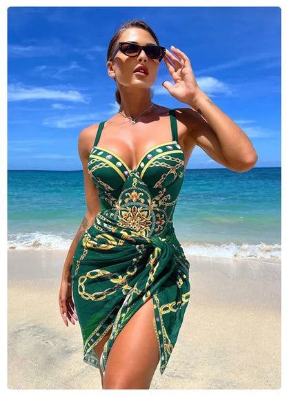 2025 Women One Piece Wired Monokini + Wrapped Skirt Black/Blue/Green Chain Printed Sexy Slim Fit Hanging Straps Hard Pack Bikini