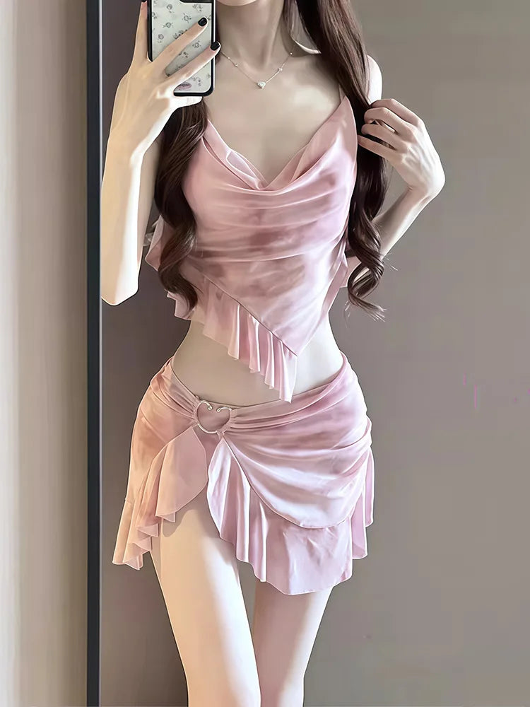 Nuovo stile coreano bikini set donna rosa sfumato volant push up gonna a rete costume da bagno 3 pezzi costume da bagno estivo costumi da bagno per le vacanze