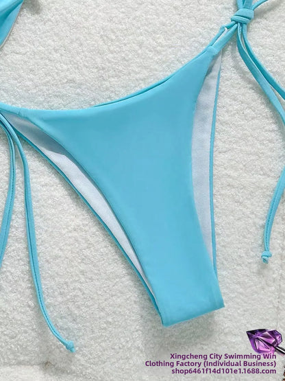 Costume da bagno bikini sexy a tinta unita, due pezzi, ad asciugatura rapida, senza schienale, in tessuto di nylon ad alta elasticità per nuoto e attività acquatiche.