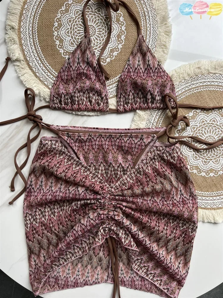 Costume da bagno donna Gonna bikini lavorata a maglia con foglie d'acero colorate Set tre pezzi Costume da bagno diviso Bikini