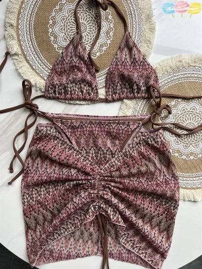 Costume da bagno donna Gonna bikini lavorata a maglia con foglie d'acero colorate Set tre pezzi Costume da bagno diviso Bikini