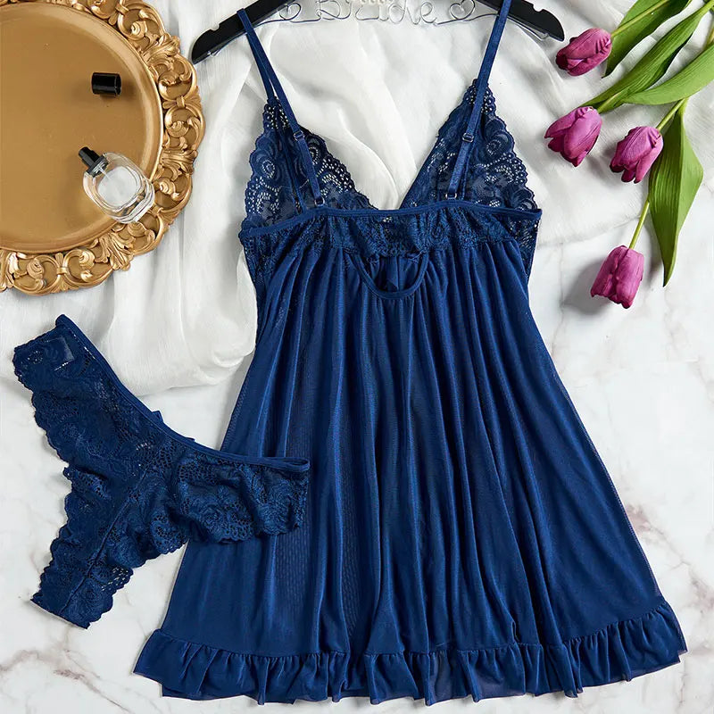 Pigiama lingerie erotica push up in pizzo a V profondo Set pigiama estivo sottile donna camicia da notte abito da notte caldo reggiseno sexy taglie forti perizoma da notte