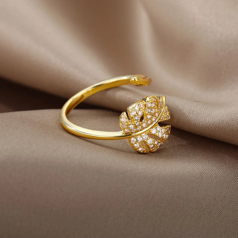 Anelli aperti a forma di foglia di palma di moda per le donne Anello da dito regolabile con zirconi color oro Regalo di gioielli per feste coreane per ragazze