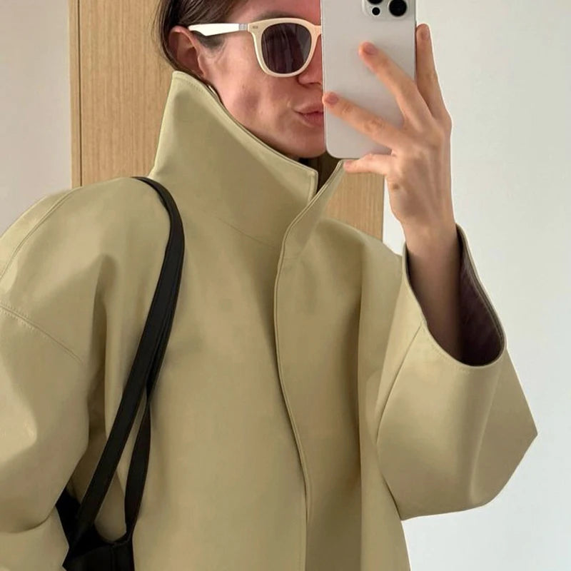 Cappotto da donna ampio a tinta unita, a maniche lunghe, con collo alto, top corto, moda estiva autunnale 2026, capospalla femminile streetwear