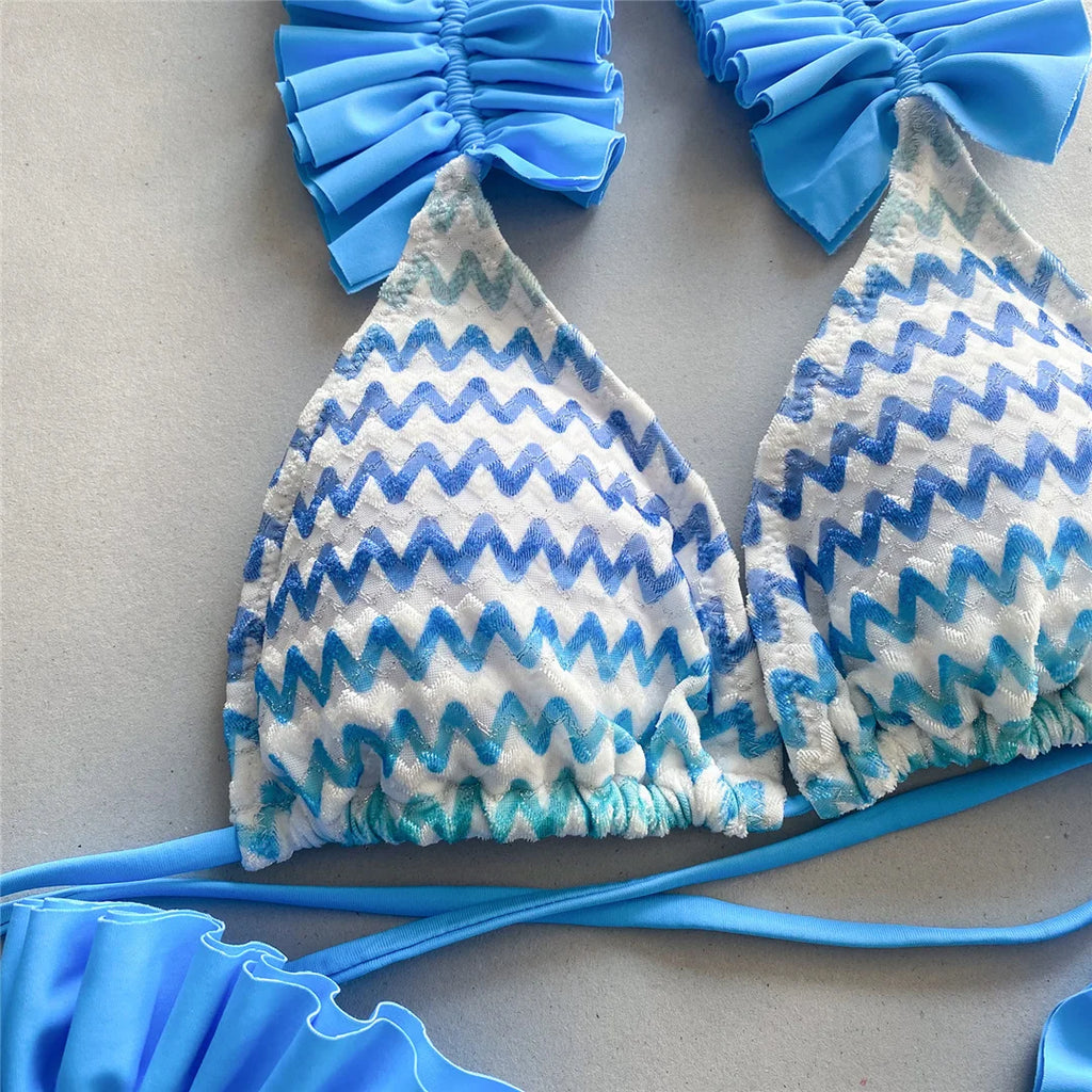 Con gonna Waved Ruffled Bikini con volant costume da bagno femminile costumi da bagno donna tre pezzi Bikini set bagnante costume da bagno Swim V5235
