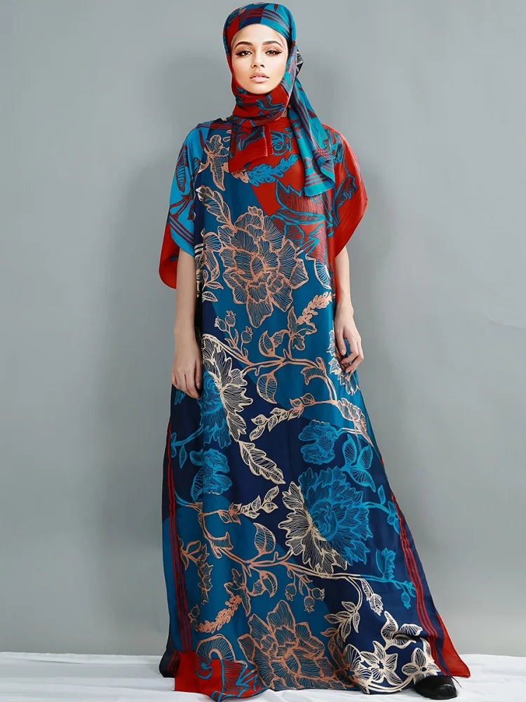 Di lusso Morbido Stampa Musulmana Abaya Donne Maniche Corte Imitato Raso di Seta Abito Lungo Allentato Femme Robe Islam Abiti Con Hijab