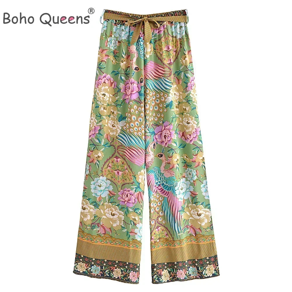 Boho Queens Donna Pavone Stampa floreale Pantaloni a gamba larga bohémien Lady Elastico in vita Sciolto Rayon Boho Pantaloni lunghi Pantaloni oversize