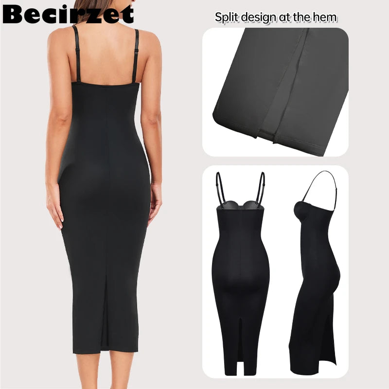 Becirzet Abiti da donna Sexy Girl Push Up Dimagrante Modellamento del corpo Controllo della vita Abito lungo da sera senza schienale con spacco all'americana nero