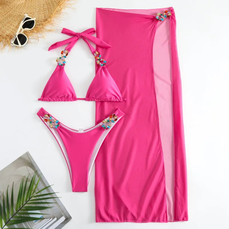 Bikini Giallo Sexy con Strass 2026, Costume da Bagno Femminile, Set Bikini Brasiliano, Abbigliamento da Spiaggia