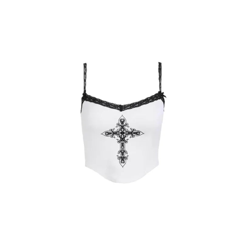 Summer new sexy hot girl slim fit tank top, European and American street style personalized printed lace top for women
