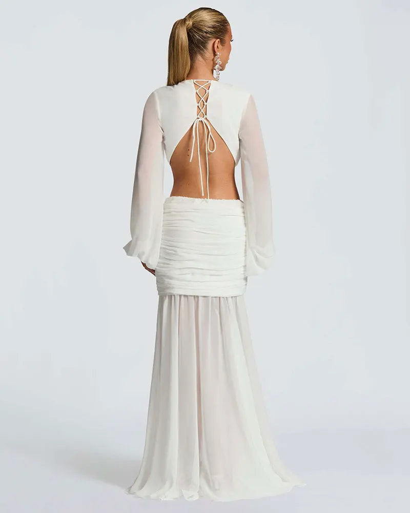 GACVGA Abito lungo elegante in chiffon per donna Nuovi abiti con maniche a lanterna Abiti lunghi aderenti da club sexy pieghettati