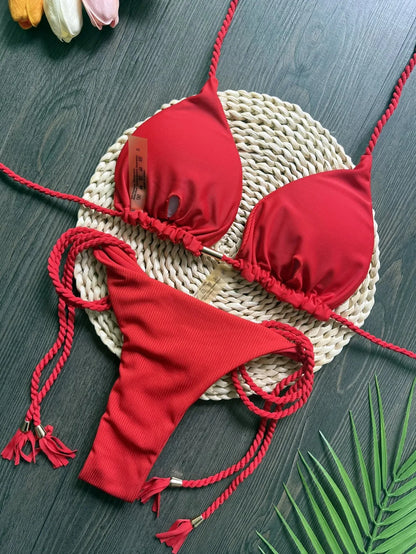 RUOTONSEPT 2024 Sexy Women Swimsuit Braiding rope Bikini Set Two-piece Triangle Solid Swimwear Bathing Suit Brazilian Biquinis