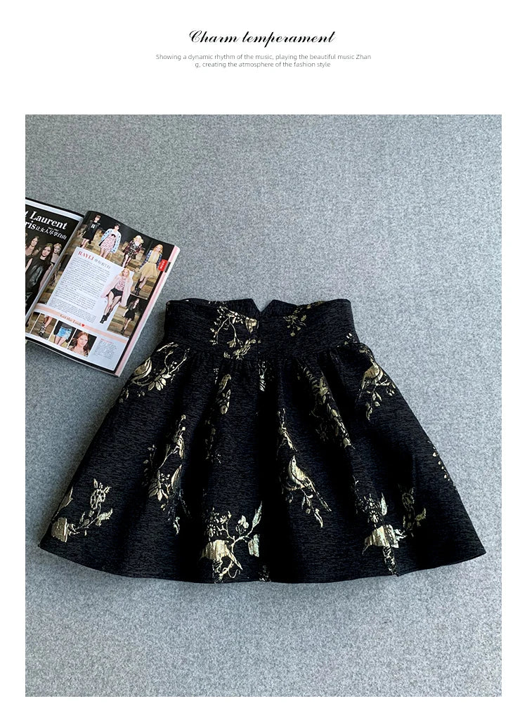 Gonna jacquard oro nero Gonna a trapezio slim fit a vita alta Primavera Estate Nuova gonna corta Gonna da ufficio squisita alla moda