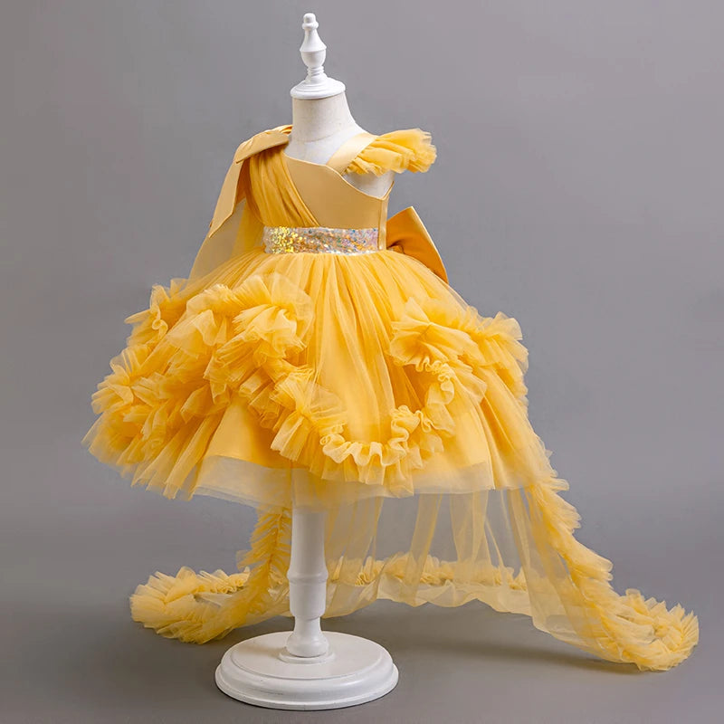 KLFLGD Nuovi abiti da festa per ragazze estive Abito da festa elegante da sposa per ragazza di fiori Abito da coda in tulle rosa per ragazza di 2-6 anni