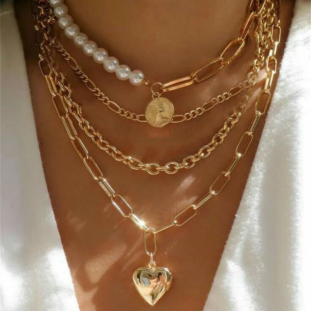 Collana con ciondolo moneta con ritratto di testa a catena spessa con piatto in oro punk vintage per gioielli hip-hop geometrici multilivello di moda da donna