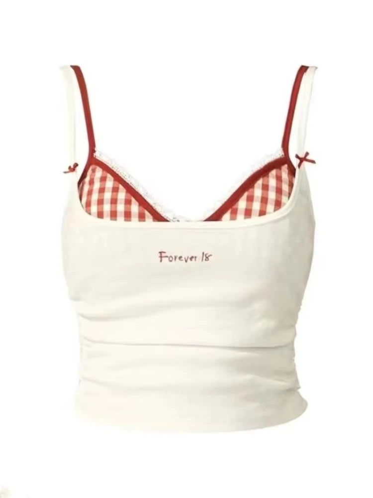Canotta da donna in pizzo patchwork canotta corta vintage Y2k moda estiva streetwear canotta femminile sexy senza maniche con spalle scoperte